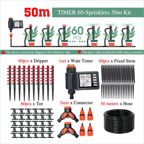 50-5M Garden 13cm Sprinkler Drip Wateing Systems Smart Timer 1/4“ Hose Automatic Irrigation Equipment for Greenhouse Bonsai Yard