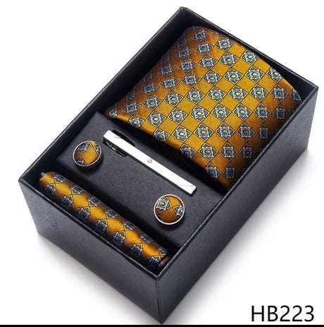 Luxurious Dropshipping 8 cm Birthday Gift Silk Tie Hanky Pocket Squares Cufflink Set Tie Clip Necktie Box Geometric