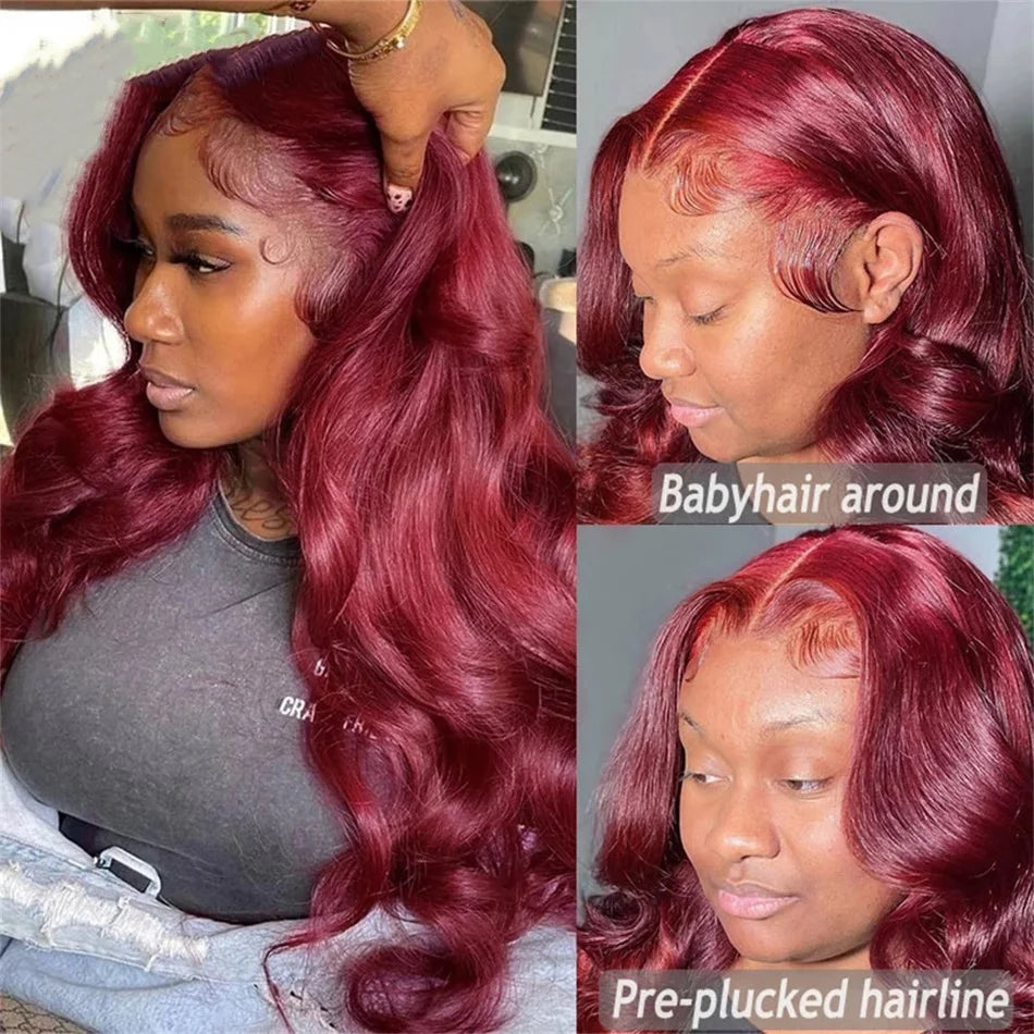 99J Burgundy 13x6 Lace Front Human Hair Wig Body Wave Remy Red Hair Wigs for Black Women Brazilian HD Lace Frontal Wigs 32inch