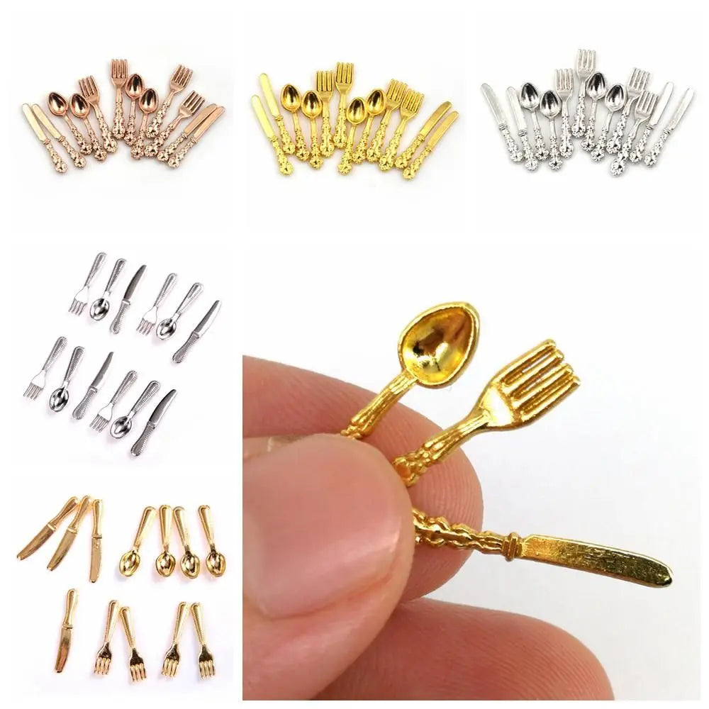 12PCS Dollhouse Furniture Gold Silver 1:12 Scale Simulation Mini Cutlery Accessory Fork Knife Spoon Miniatures Home Decor