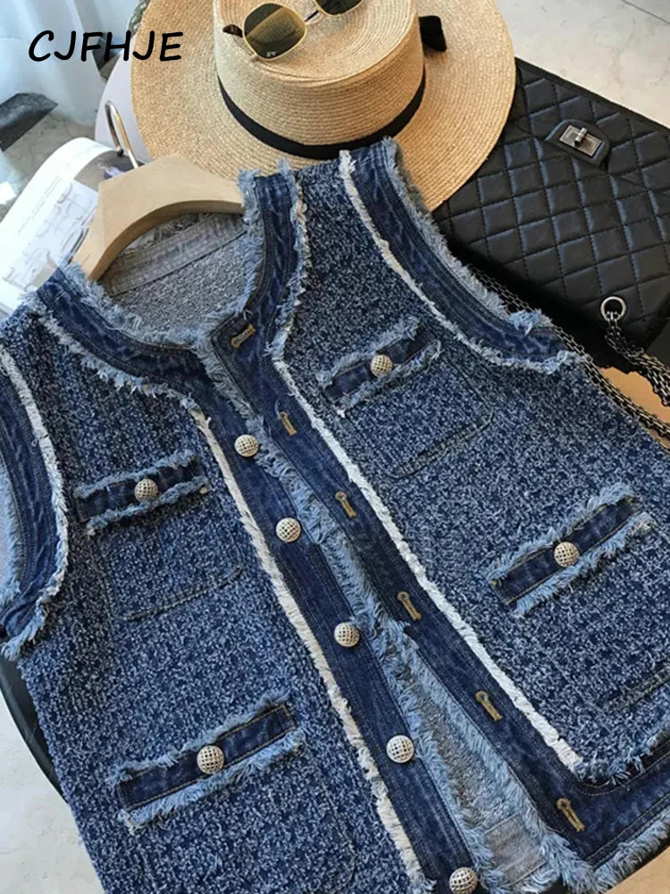 CJFHJE Blue Spring Autumn Flow Sleeveless Tank Top Coat Women Single Breasted Plaid Denim Vest Female Tassel Elegant Lady Vests