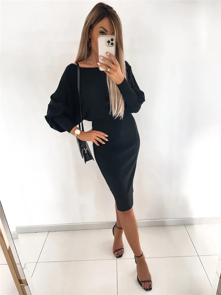 Women Autumn Winter Knitted Party Midi Dress Solid Office Lady Pullover Bodycon Slim Long Sleeve Sexy Sweater Dress