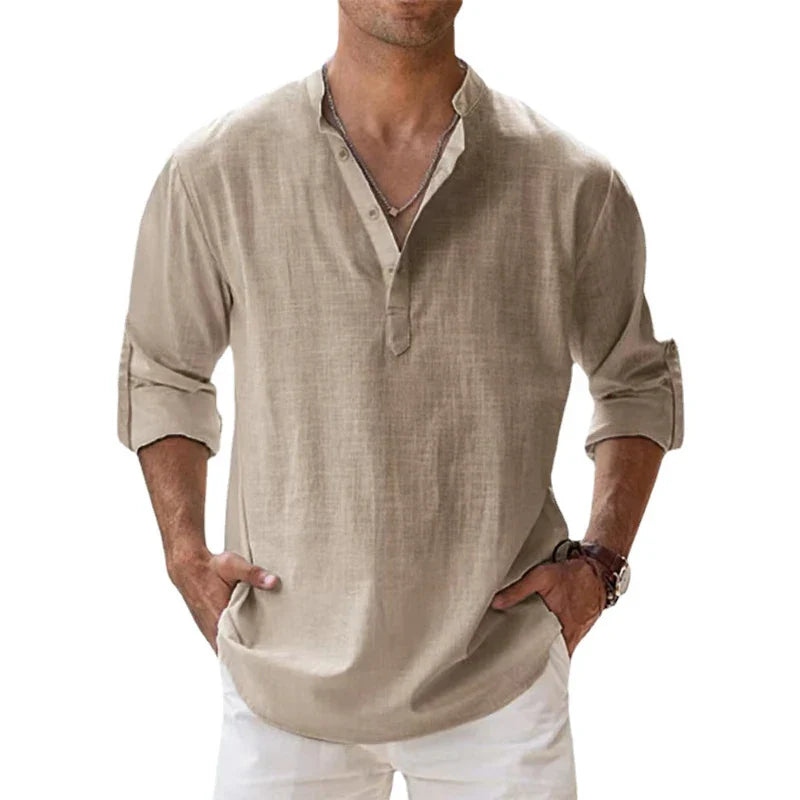 New Men's Cotton T Shirts Linen Casual Long Sleeve Button Down Shirt Loose Collar Solid Color Tops S-5XL