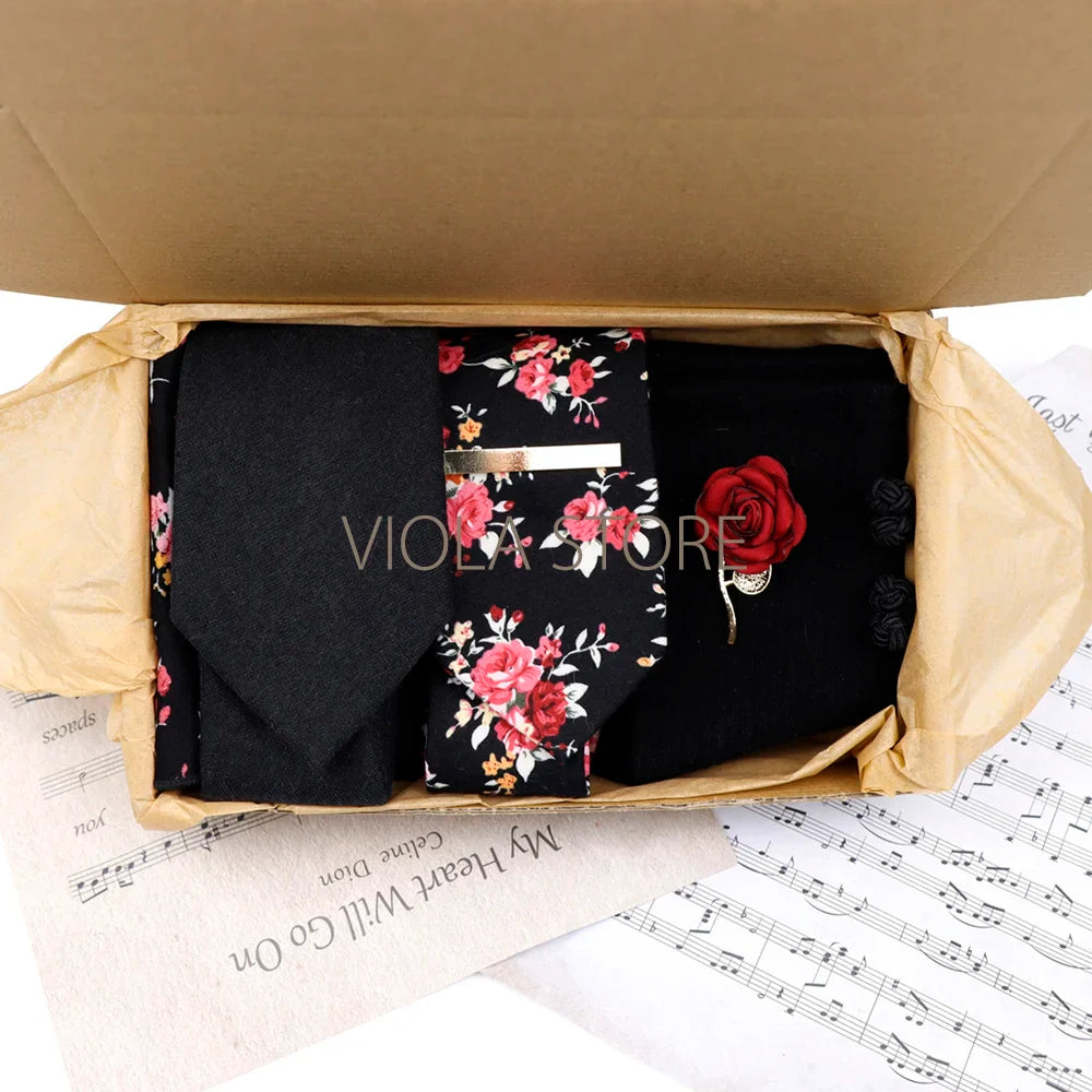 Viola Design Gift Box Hot Solid Floral Cotton Sock Necktie Set Clip Cufflinks Pin Hanky Men Wedding Party Daily Cravat Accessory