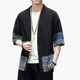 Men's Japanese Kimono Cardigan Loose Cotton Linen 3/4 Sleeve Open Front Casual Summer Shirt Jackets