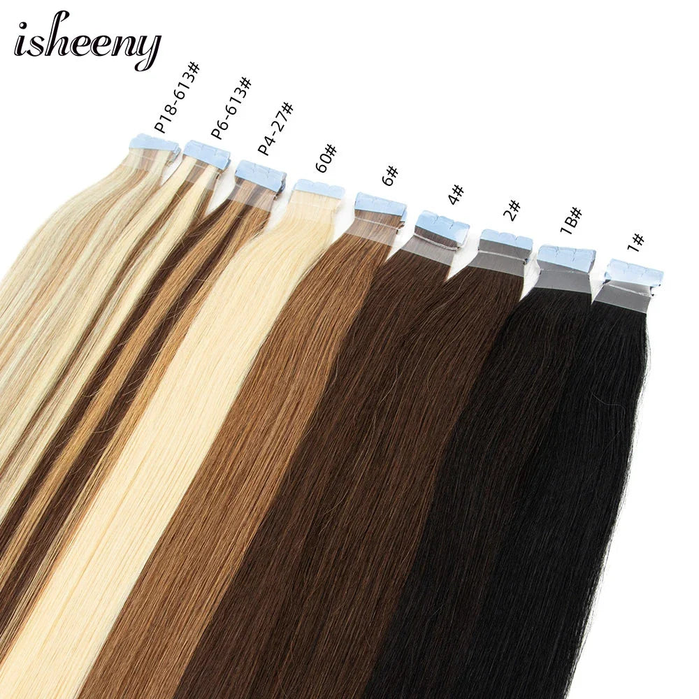 Isheeny Mini Tape Hair Extensions 12"-24" Machine Remy Skin Weft Adhesive Tape In Human Hair Natural Black Brown Blonde Tape On