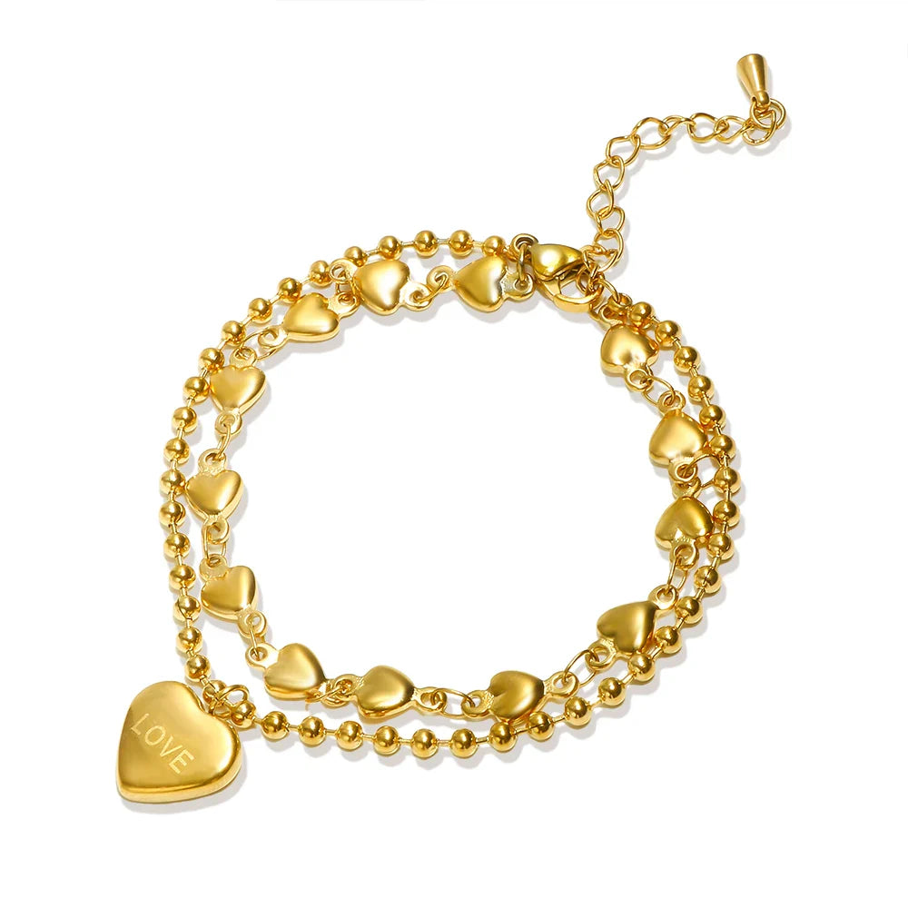 JOVO LOVE 316L Stainless Steel Double Heart Charm Bracelet Beaded Chain For Women Gold Color Wrist Fine Jewelry Party Gifts 2023