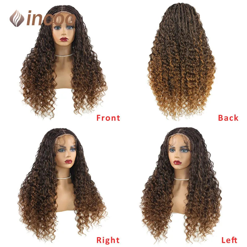 24'' Bohemia Full Lace Box Braided Wig Synthetic Lace Frontal Wig for Braiding Wih Curly Hair Ombre Blonde Goddess Faux Locs Wig