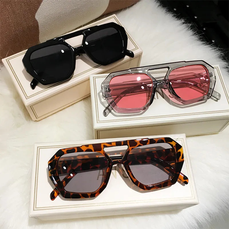 Retro Tortoiseshell Pilot Sunglasses Women Brand Designer 2023 Oversized Shades Eyewear Double Bridge Rectangle Men Sun Glassses