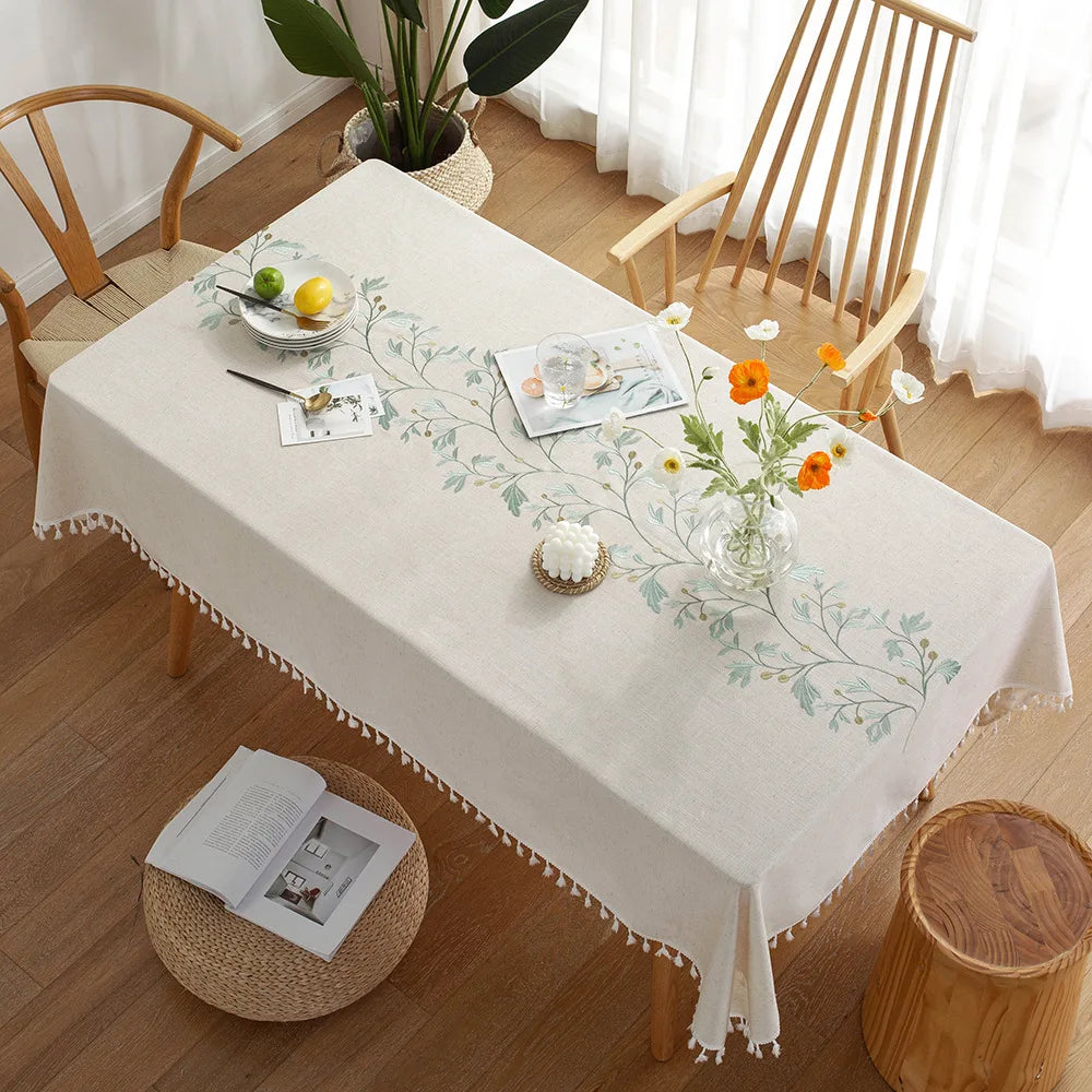 Embroidery Anglicanum Tassel Tablecloth, Cotton Linen Dust Proof Table Cover, for Kitchen Dining Room,Home Party Tabletop Decor