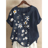 Plus Size Daisy-Print Cotton Linen Shirt Casual Summer Women O-Neck Short Sleeve Pullover Top Fashion Street Flower Blouse