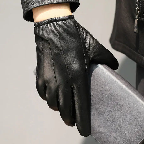 Sheepskin Genuine Leather Men's Gloves Fashion Driving Riding Gloves Warm Cashmere Lined Thin Mittens For Male Free Shipping