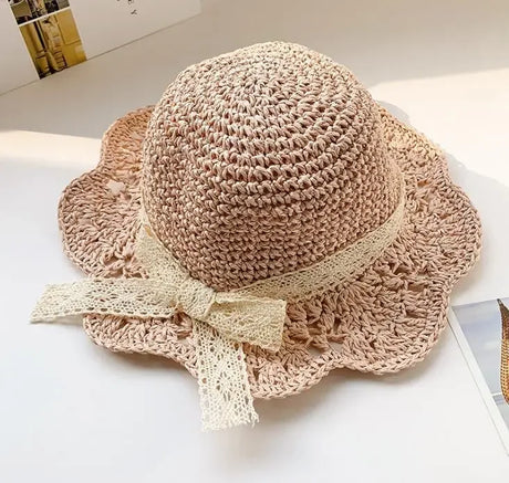 Fashion Baby Petal Brim Straw Woven Hat Sun Protection Lace Cap Kids Girls Princess Collapsible Beach Cute Infant Bucket Hats