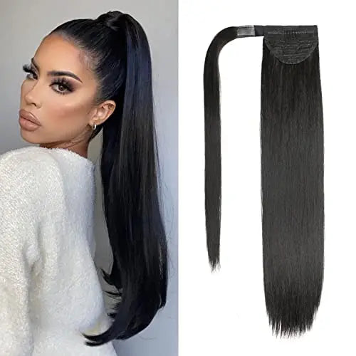 LOUIS FERRE Straight Ponytail Extension 26 inch Pony Tail Natural Long Ponytails Wrap Around Synthetic Hairpieces for Women Girl