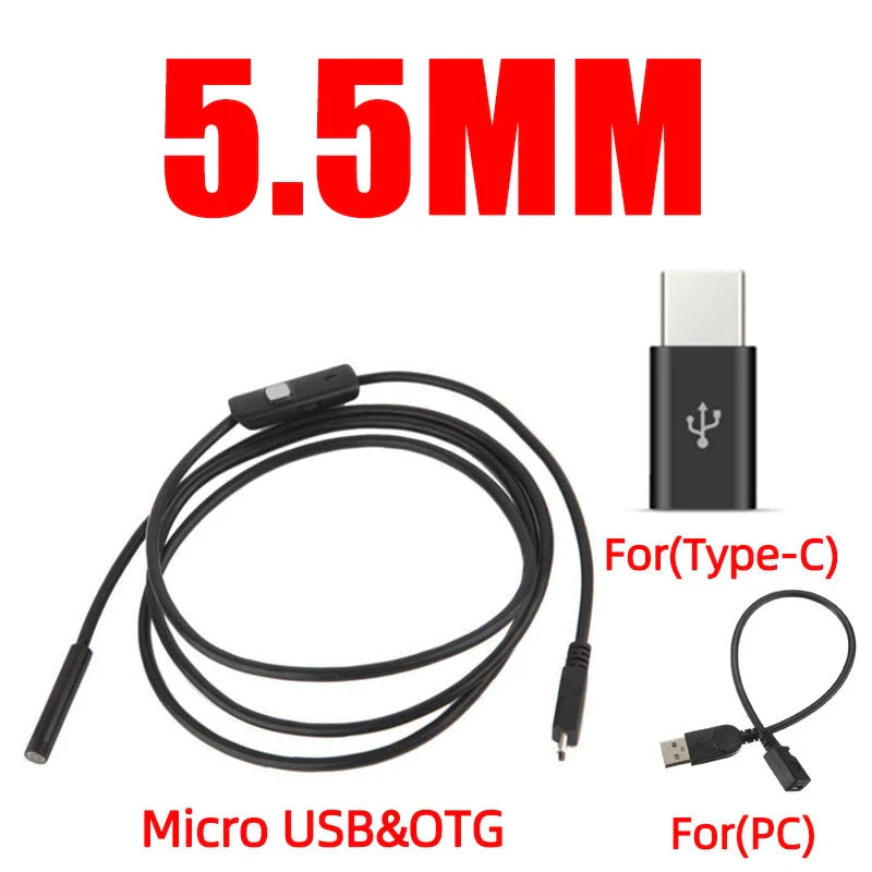 5.5 mm IP67 Waterproof Endoscope Camera 6 LEDs Adjustable USB Android Flexible Inspection Borescope Cameras for Phone Laptops PC