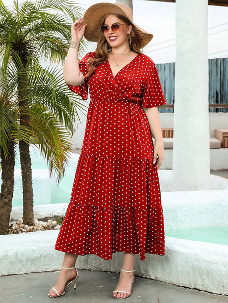 GIBSIE Plus Size Polka Dot V-Neck Butterfly Sleeve Dress Women Summer 2024 Holiday Beach Vintage Ruffle Hem Maxi Long Dresses