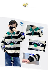 Spring Autumn Boys Cotton Contrast Striped Alphabet Turtleneck Sweatshirt School Kids Track Pullover Tops Child Jumper 7-16 Yrs