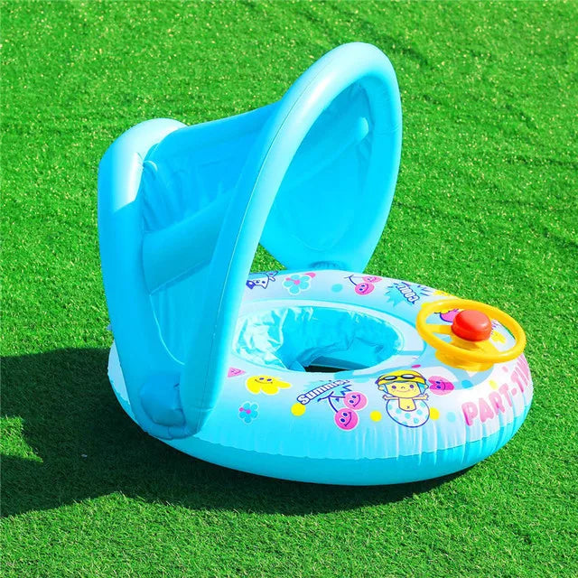 Cartoon Inflatable Baby Swim Ring Seat Floating Sunshade Toddler Swim Circle Bathtub Swimming Pool Beach Party Outdoor Water Toy