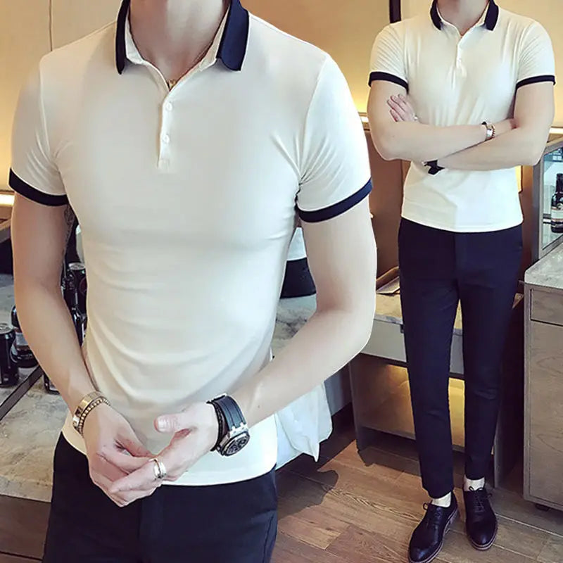 Short Sleeve Shirt for Men 2023 New Solid Polo Business Summer Ice Silk Turn-down Collar Stripe Button Casual Fashion Tops