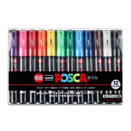 Uni Posca PC-1M 12 Colors Set Paint Markers, 0.7mm Extra Fine Point Painting Drawing Pens for DIY Crafts Canvas Rock Cards