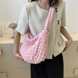 Plaid Quilted Shoulder Bag Cute Pleated Bubbles Solid Color Tote Bag Large Capacity Embroidered Satchel Bags Women