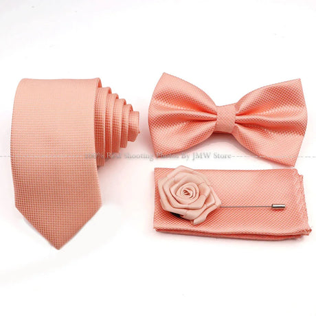 5 Pcs Slim Plaid Tie Set Polyester Pink Blue Necktie Bowtie Cufflink Brooch For Groom Suit Wedding Cravat Shirt Accessory Gift