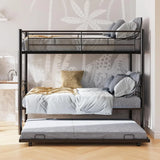 Twin Over Twin Bunk Bed with Trundle for Adult, Dormitory, Bedroom, Sturdy Steel Bedframe w/Guardrail & Ladder, Space Saving