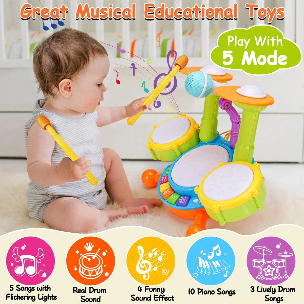 Kids Drum Set Toddlers Musical Baby Educational Instruments Toys for Toddlers Girl Microphone Learning Activities Gifts