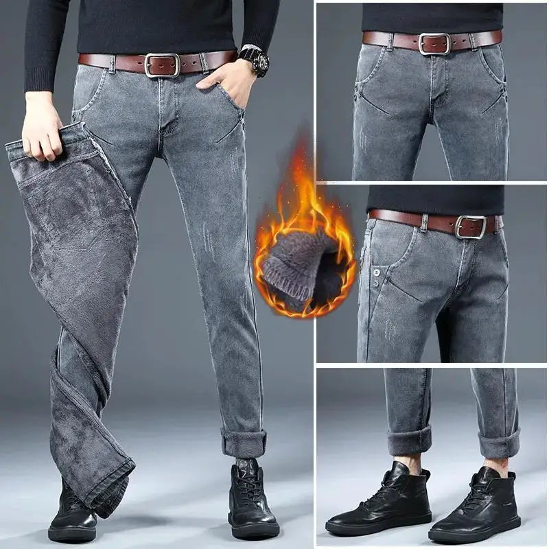 Men's Brushed Jeans Luxury Winter Jeans Velvet Fleece Man Thermal Warm Korean Versatile Elastic Plush Thicken Slim Pencil Pants