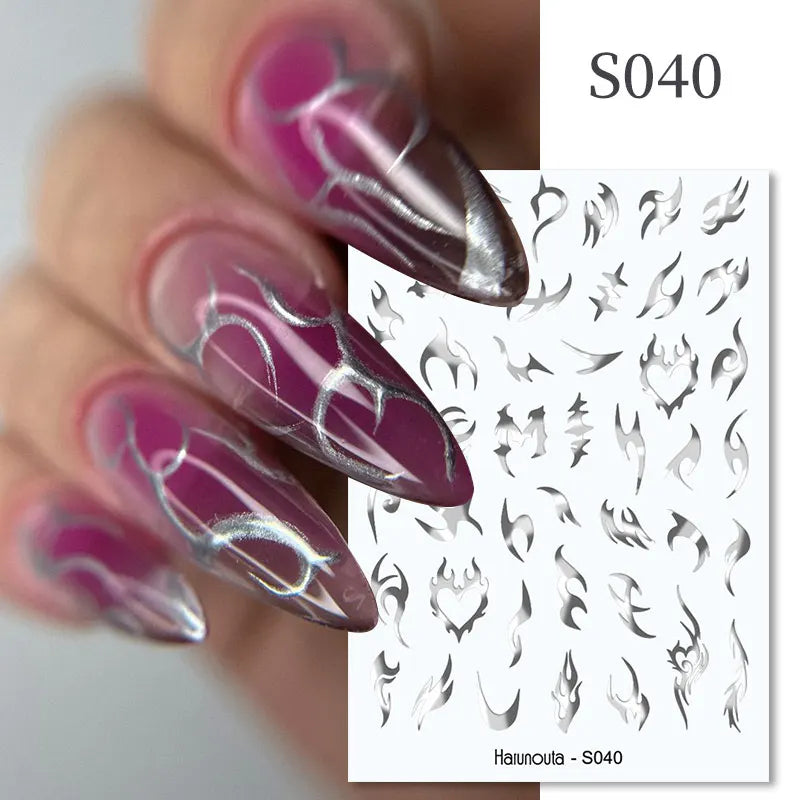 3D Silver Frame Nail Sticker Silver Bronzing Stripe Lines Sliders For Nails Tribal Pattern Decals Marble Blooming Nail Tattoos