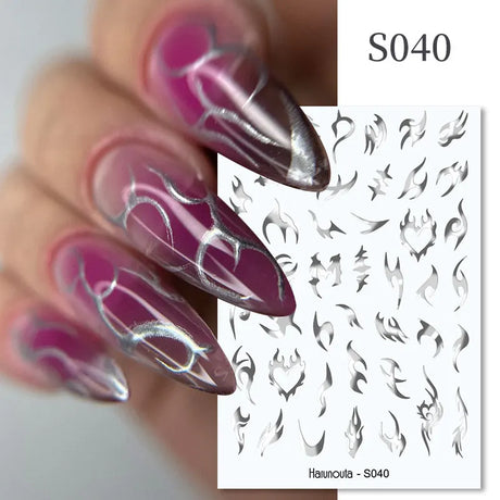 3D Silver Frame Nail Sticker Silver Bronzing Stripe Lines Sliders For Nails Tribal Pattern Decals Marble Blooming Nail Tattoos