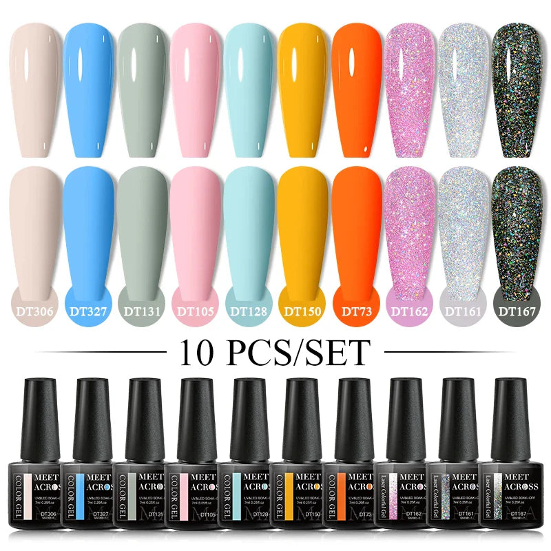 10Pcs Nude Glitter Gel Nail Polish Set Purple Pink Reflective Glitter Semi Permanent Varnishes Soak Off UV LED Nail Art Gel Kits