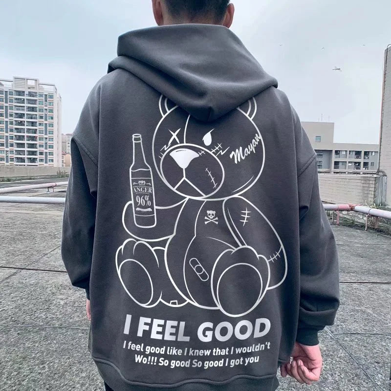 Men's Harajuku Fashion Hoodies Beer Bear Print Kawaii Sweatshirts Zipper Hip Hop Streetwear 2022 Autumn Casual Oversized Hoody