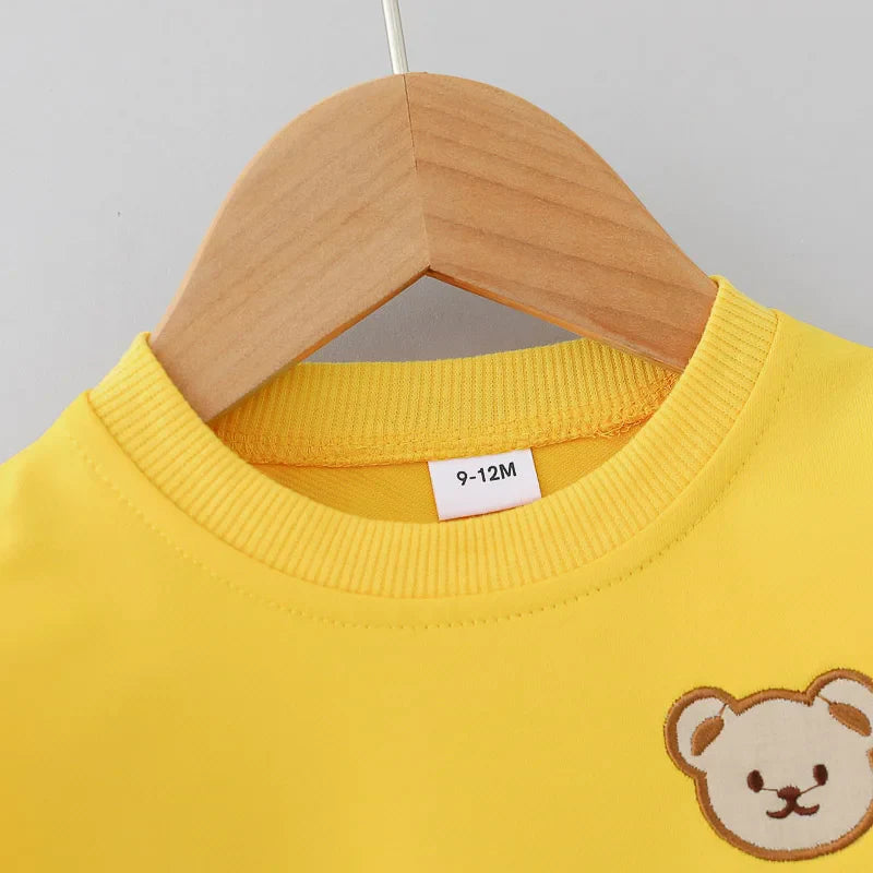 2pcs Baby Spring Fashion Simple Embroidered Bear Head Round Neck Set for Children's Versatile Long sleeved Pants 2-piece Set