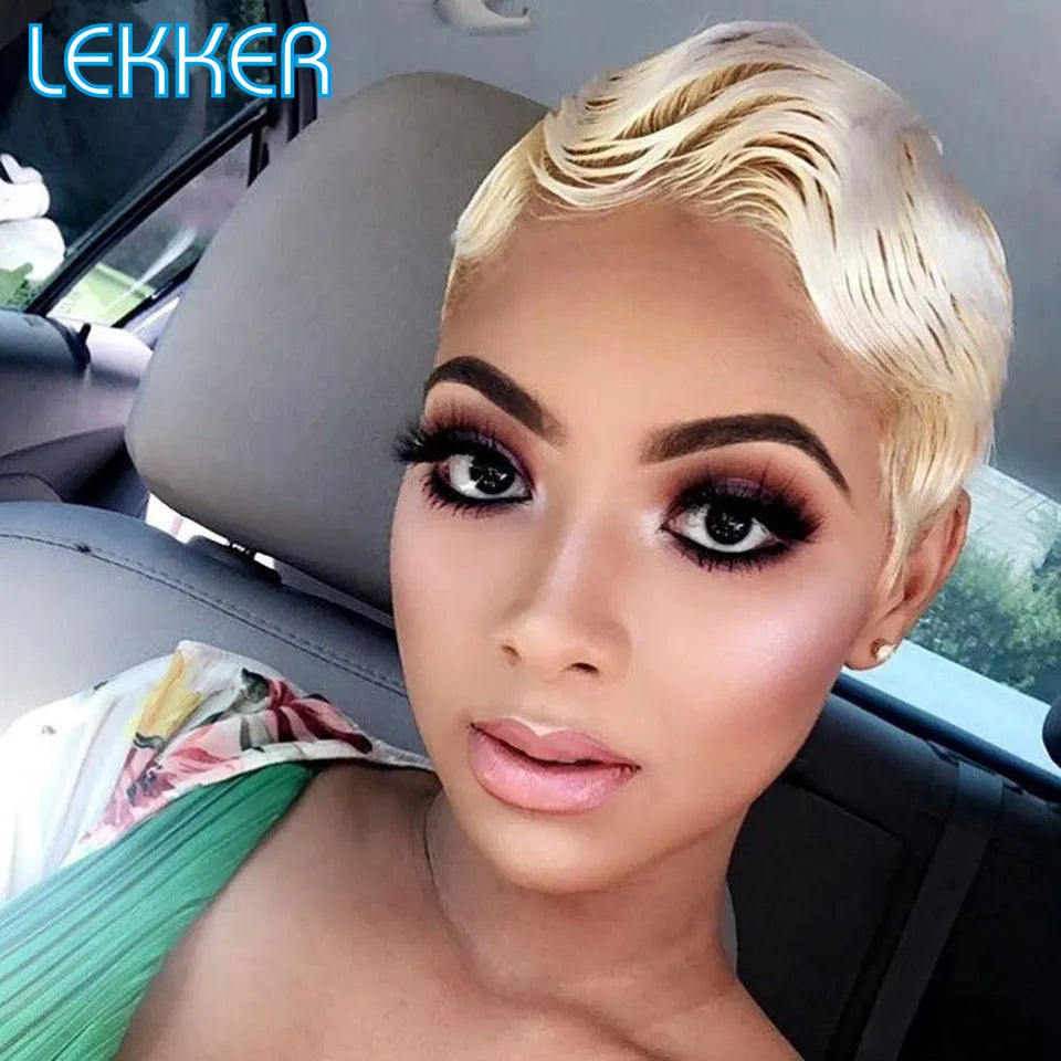 Lekker Short Pixie Bob T Part Lace Human Hair Wig For Women Natural Pre Plucked Glueless Ombre Burgundy Brazilian Remy 613 Wigs