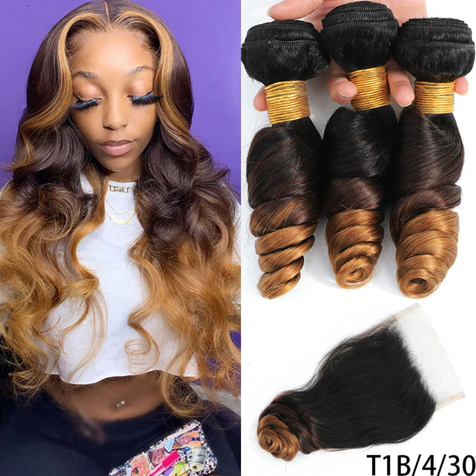 DreamDiana 10A Loose Wave Bundles with Closure Wet and Wavy Brazilian Ocean wave 100% Human Hair 3 Bundles with 4x4 Lace Closure