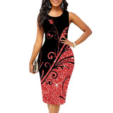 Plus Size New Women Shift Dress Fashion Sleeveless Floral Print Dress Summer Round Neck Casual Knee Length Dress Red Blue