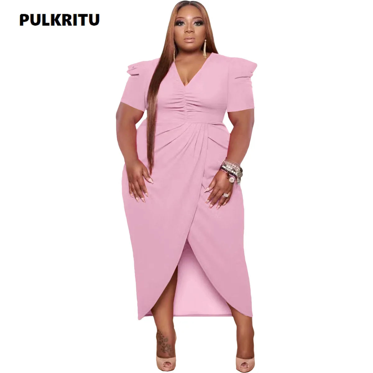 Pulkritu Plus Size Women Puff Short Sleeve Wrap High Side Split Bodycon Midi Maxi Long Dress  Sexy Party Even Vestido Dresses