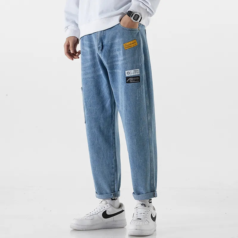 2023 New Korean Fashion Men's Jeans Classic Man Straight Denim Wide-leg Pants Solid Color Bagy Light Blue Grey Black 3XL