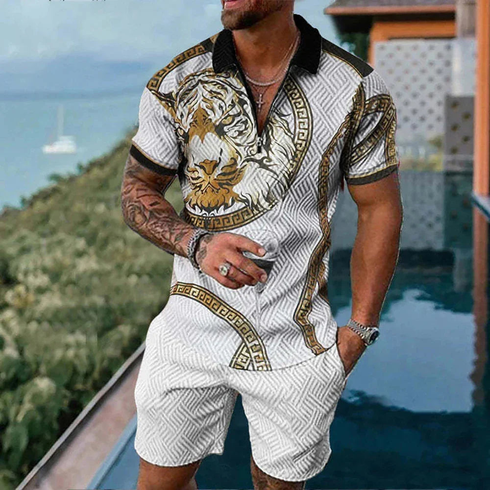 Hawaiian Polo Set Men Tracksuit Sets Summer 3D Beach Outfits Polo Shirt Shorts 2pcs Sets Zipper Coconut Tree Casual man Clothing