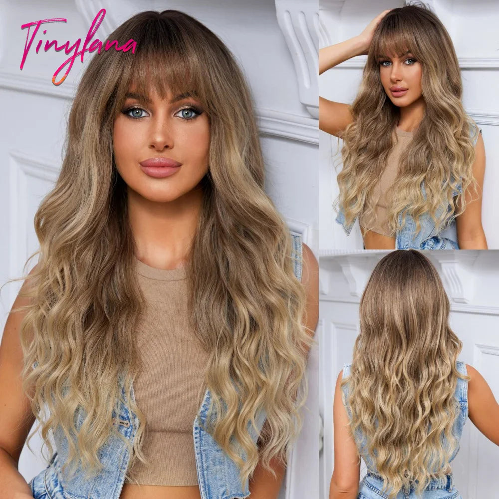 Long Curly Orange Brown Ombre Synthetic Wavy Wigs with Bangs Ginger Cosplay Party Wig for Women Afro Natural Hair Heat Resistant