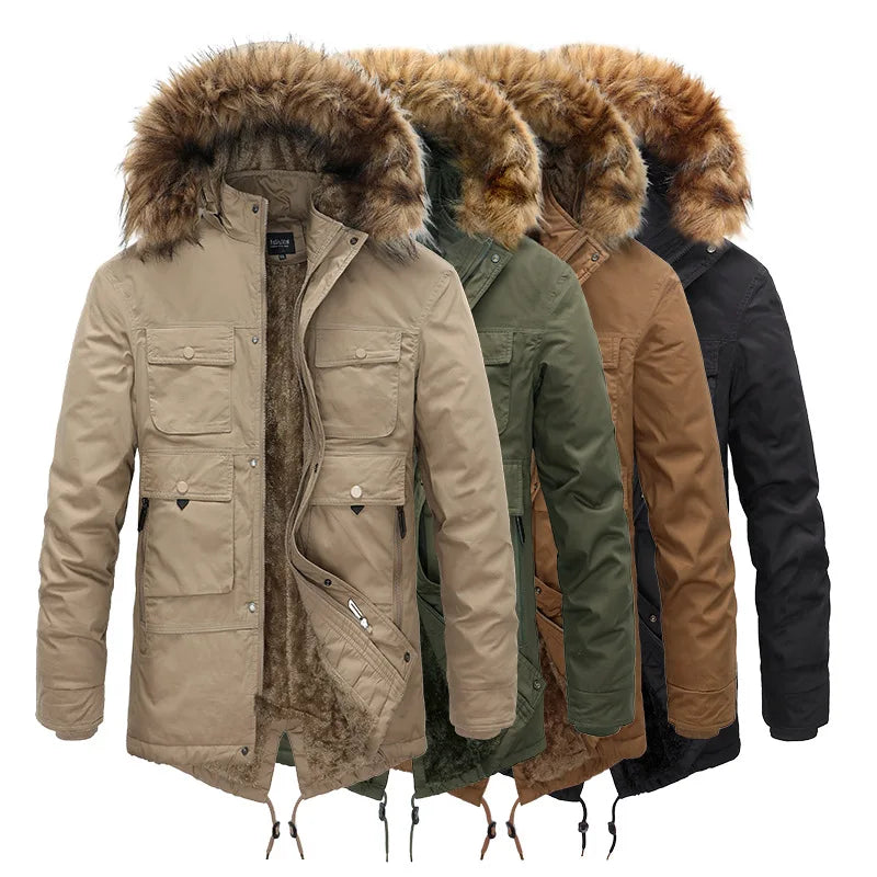 2024 New Winter Men Long Coat Military Fur Hood Warm Tactical Bomber Army Korean Thick Multi Pockets Overcoat Male Warm Parka