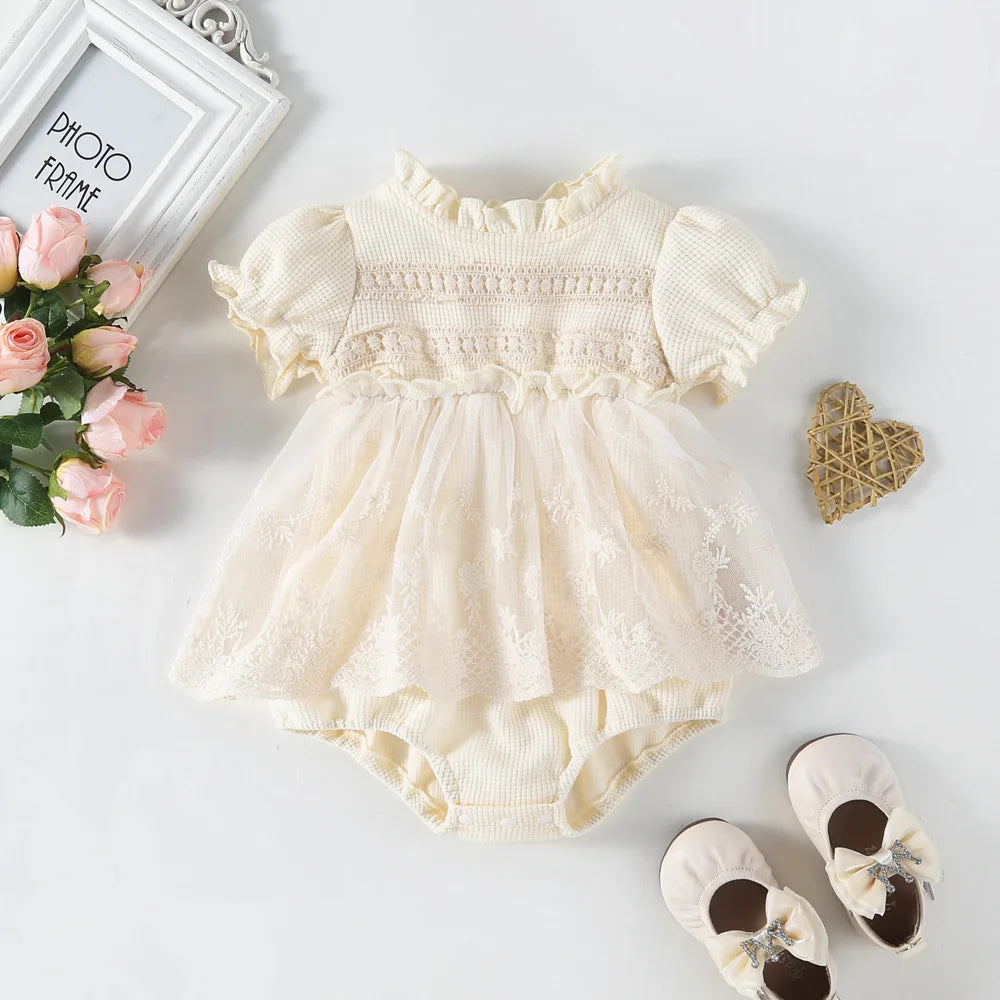 Spring Autumn New Infant Baby Girl Clothes Bodysuit Dress Summer Puff Sleeve Princess One Piece Waffle Lace Clothing Outfits