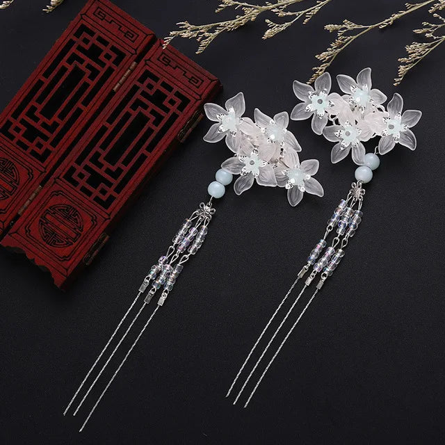 1pair Chinese Hanfu Hair Accessories Red Flower Hairpins Vintage Dress Headwear Long Butterfly Tassels Hair Clip Noiva Jewelry