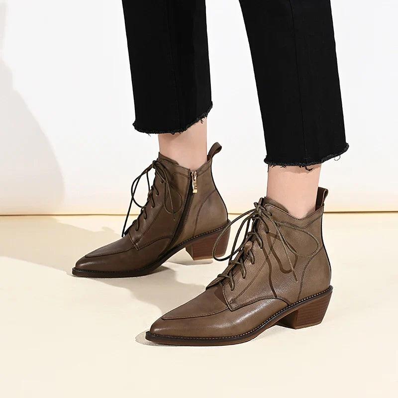 Genuine Leather Retro Mature Women Ankle Boots Pointed Toe Lace-Up Thick Heels Shoes Woman Autumn Winter Office Boot Shoe