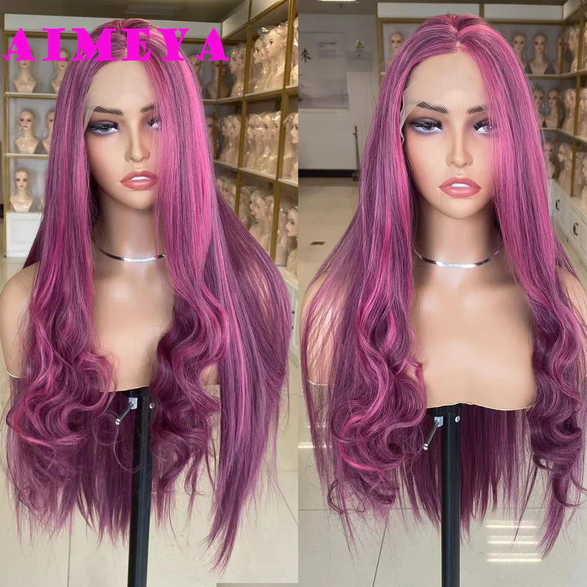 AIMEYA Ombre Purple Synthetic Lace Front Wigs for Women Platinum Blonde Roots Pink Purple Wig Long Silky Straight Colorful Wigs