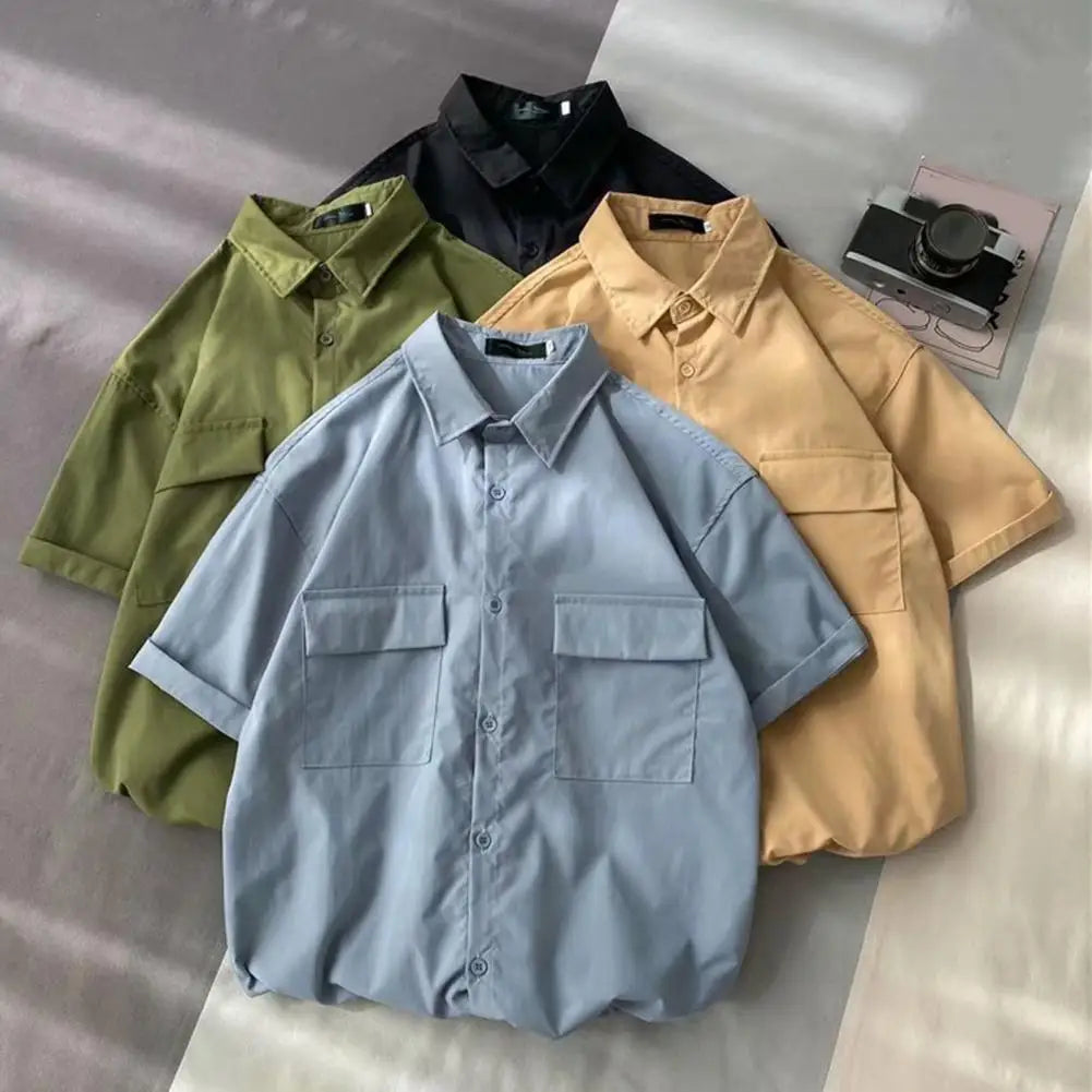 Male Cargo Shirt Lapel Half Sleeve Flap Pockets Casual Shirt Single Breasted Men Shirt Streetwear Summer Casual Top Men Clothing