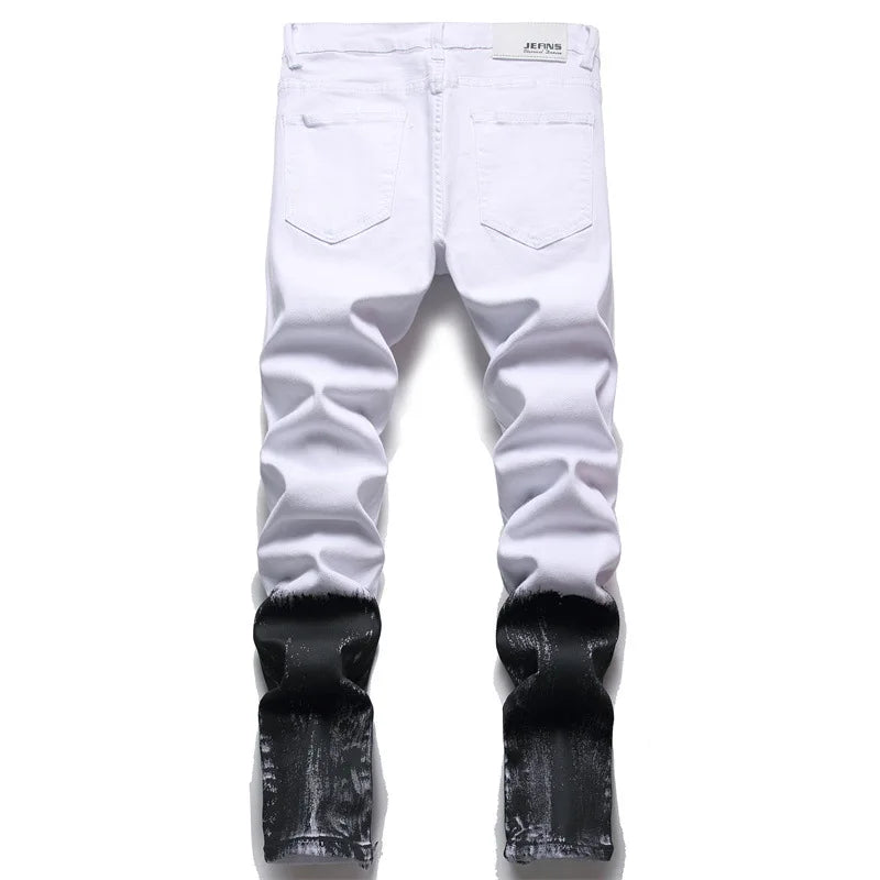 Men Rose Embroidery Jeans Fashion Holes Ripped Stretch Denim Pants Bottom Zipper Slim Tapered Pencil Trousers White Black