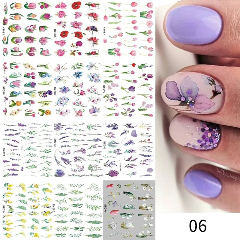 12 Designs Nail Stickers Set Mixed Floral Geometric Nail Art Water Transfer Decals Sliders Flower Leaves Manicures Decoration