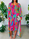 LW Plus Size Women Casual Long Sleeve Multi Colour Off The Shoulder Mixed Print 2 Pieces Of Dress (With Outerwear)